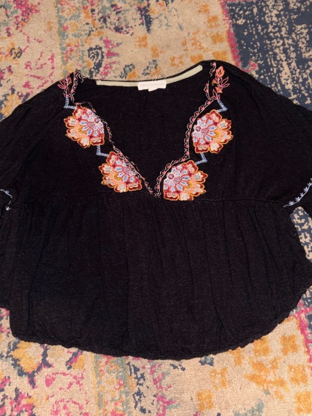 Navy Embroidered V-Neck Boho Blouse